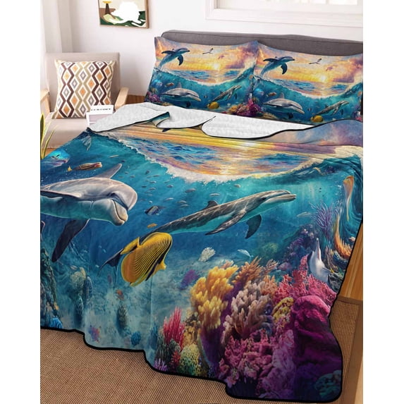 Blue Coastal Twin XL Size Down Alternative Comforter, Lightweight Comforter Quilt Bedding Set with Pillow Shams Dolphin Summer Beach Nautical Ocean All Seasons Bed Comforter Duvet Insert 68"x98"