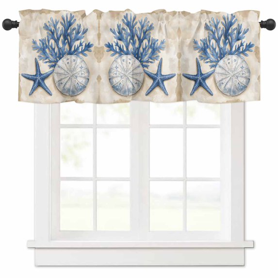 Blue Coastal Valances for Windows Farmhouse Kitchen Curtains Valances Rod Pocket Valance Curtains for Kitchen Windows Nautical Summer Beach Starfish Shell Window Valances for Bathroom Bedroom 54"x18"