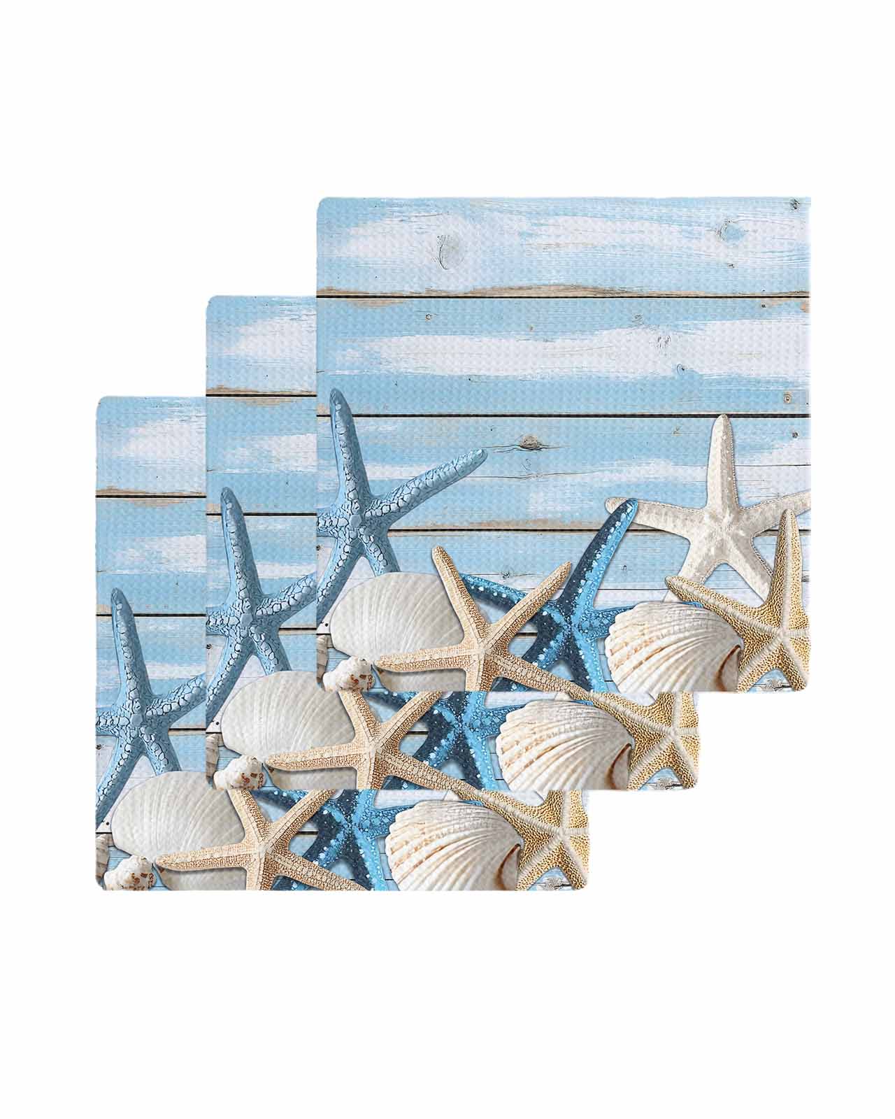 Blue Coastal Vintage Kitchen Dish Towels for Drying Dishes Set of 3, Ocean Starfish Farmhouse Board Waffle Weave Microfiber Terry Hand Tea Bathroom Towels Quick Dry & Absorbent Towel 12x12