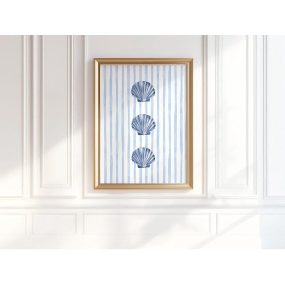Blue Coastal Wall Art Cute Beachy Dorm Decor Seashell Poster For Room Pastel Blue Striped Poster For Beach House Aesthetic Posters, F037, Unframed Poster Size 16x24