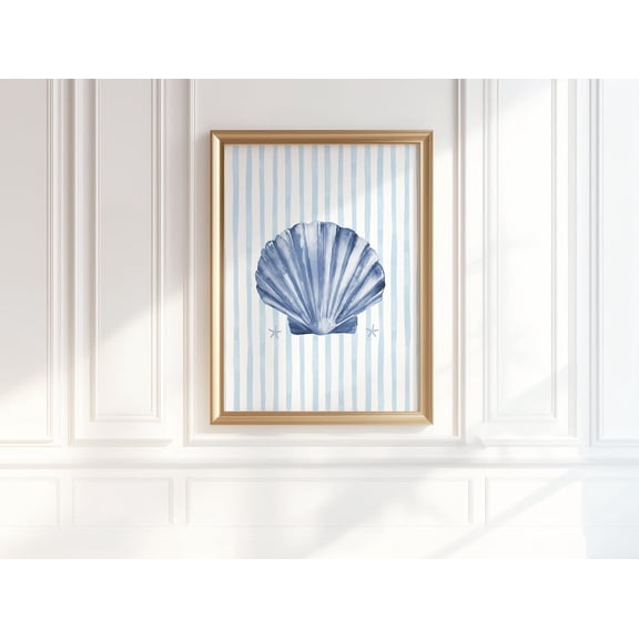 Blue Coastal Wall Art Cute Beachy Dorm Decor Seashell Poster For Room Pastel Blue Striped Poster For Beach House Aesthetic Posters, Unframed Canvas Size 12x18