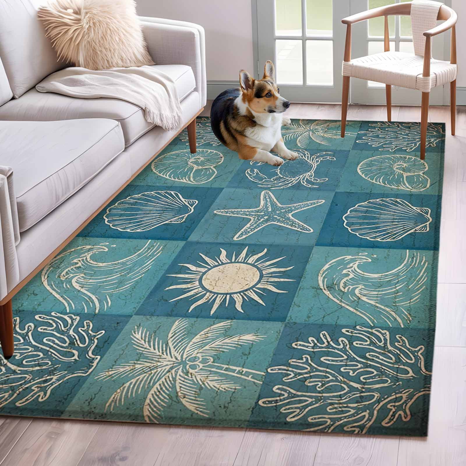 Baby Shell Rug Blue Coastal Washable Area Rugs 2.7'x5', Summer Ocean Waves Shell Crab ...