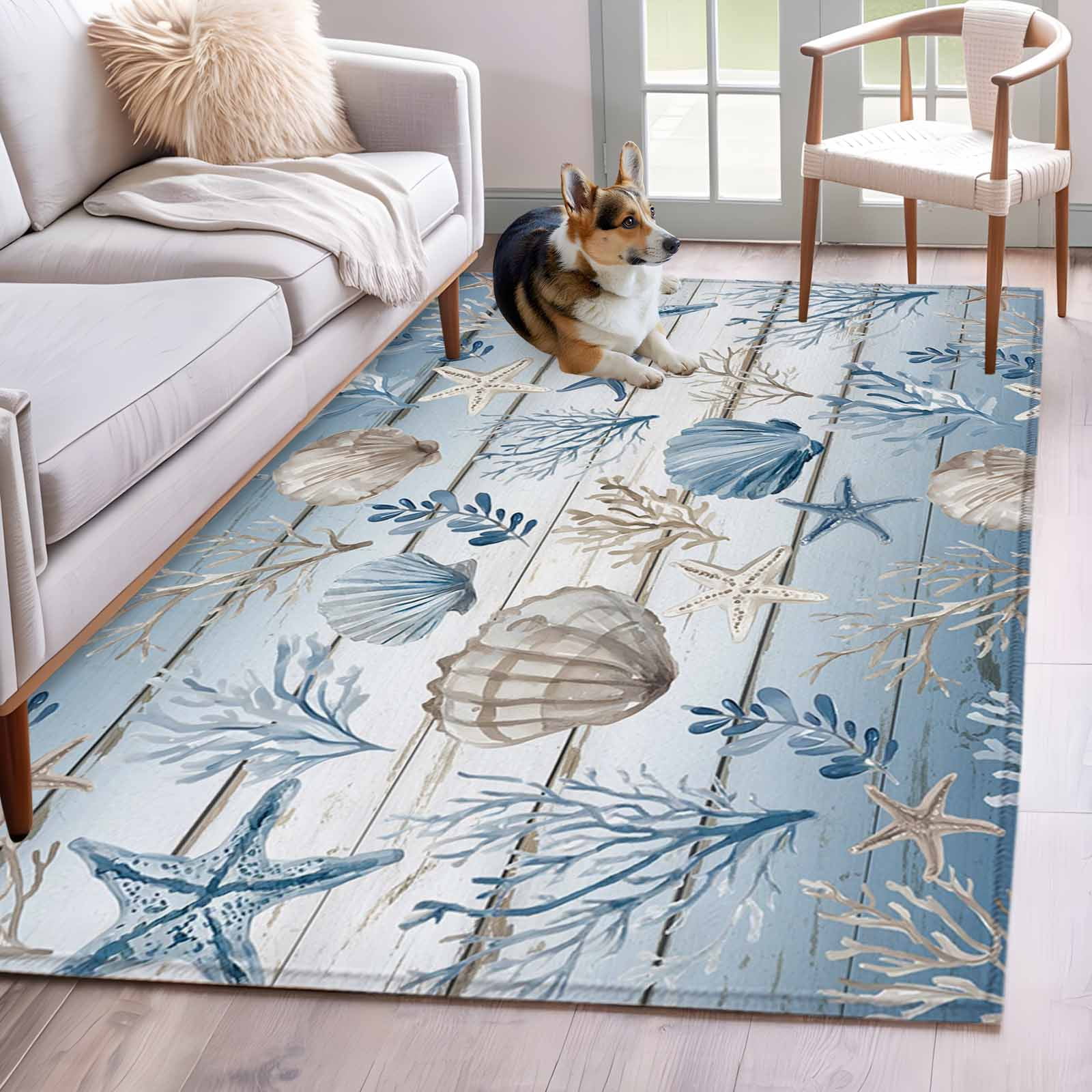 Blue Coastal Washable Area Rugs 3'x5', Summer Starfish Shell Coral ...