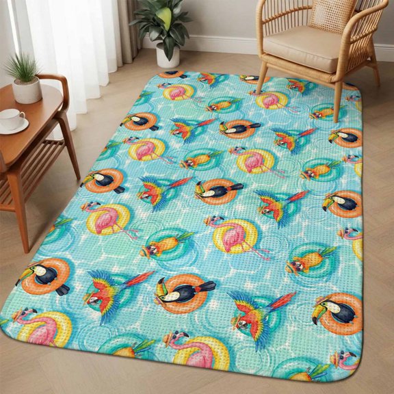 Blue Coastal Washable Area Rugs for Living Room Bedroom, Large Non Slip Indoor Floor Carpet Absorbent Summer Ocean Waves Tropical Animals Poolside Door Mat Rugs for Bathroom Entryway 63"x90.6"