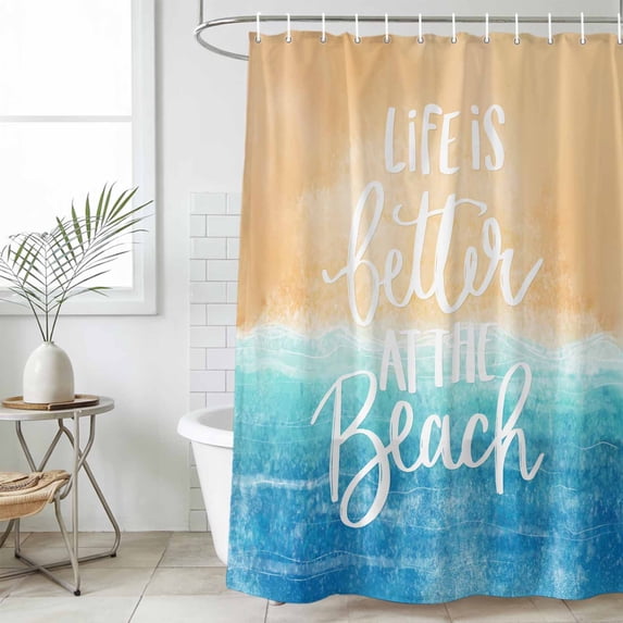 Blue Coastal Waterproof Fabric Shower Curtain,Life Is Better At The Beach Beach Waterproof Fabric Shower Curtain for Bathroom Curtains Bathtubs Hotel Shower Curtains with 12 Hooks Standard 66x72