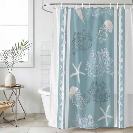 Blue Coastal Waterproof Fabric Shower Curtain,Nautical Beach Summer Sea Starfish Coral Waterproof Fabric Shower Curtain for Bathroom Curtains Bathtubs Shower Curtains with 12 Hooks Extra Long 72x96