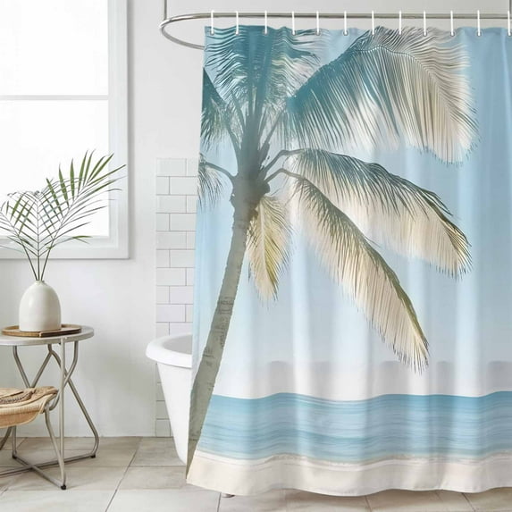 Blue Coastal Waterproof Fabric Shower Curtain,Summer Palm Trees Vacation Watercolor Waterproof Fabric Shower Curtain for Bathroom Curtains Bathtubs Shower Curtains with 12 Hooks Extra Long 72x96