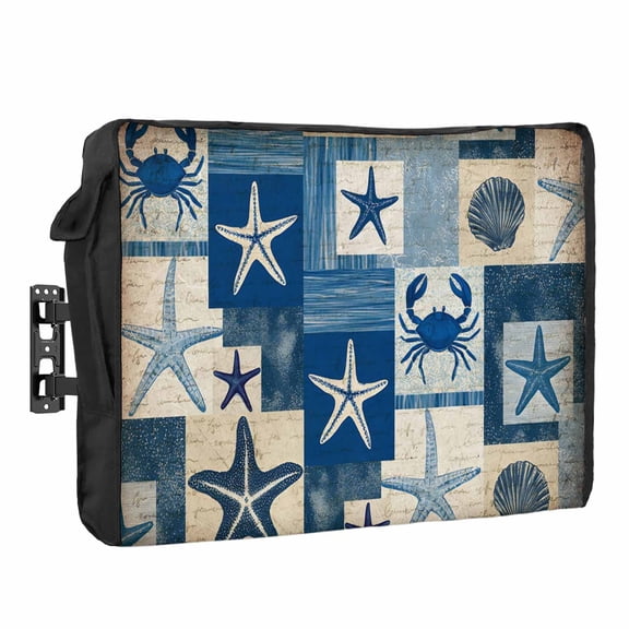 Blue Coastal Waterproof Outdoor TV Cover, Summer Ocean Shell Crab Retro Ocean Outside Weatherproof TV Enclosures for 80 to 85 Inch LCD Television Shield Flat Screen Protectors