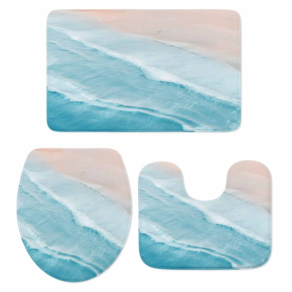 Blue Coastal Wave Bath Mat 3 Piece Bathroom Rug Set, Summer Modern Ocean Beach Non Slip Bath Rug Contour Mat and Toilet Lid Cover, Absorbent Shower Mats Soft Bath Rugs and Mats Sets