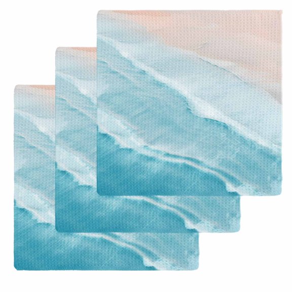 Blue Coastal Wave Kitchen Dish Towels for Drying Dishes Set of 3, Summer Modern Ocean Beach Waffle Weave Microfiber Hand Tea Bathroom Towels Quick Dry & Absorbent Towel 12x12