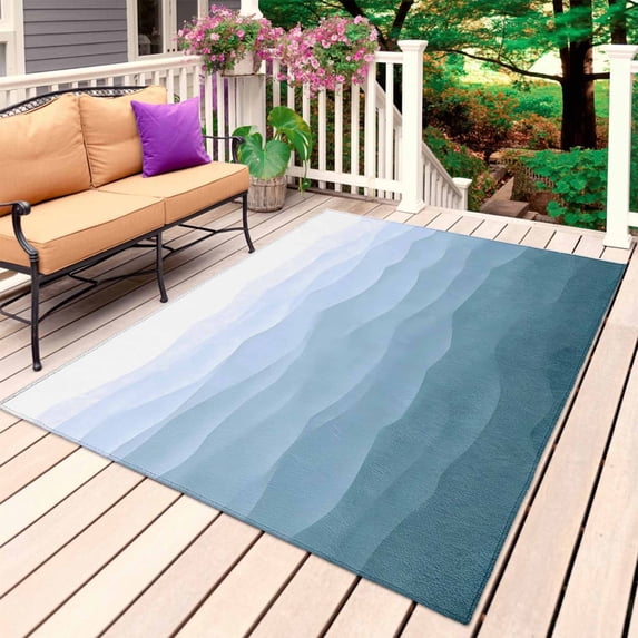 Blue Coastal Wave Outdoor Rug 3x5 Ft, Non Slip Washable Area Rug, Summer Ocean Nautical Beach Ombre Patio Rugs Carpet Runner, Large Floor Mat for Indoor/Outdoor Deck Porch Camping