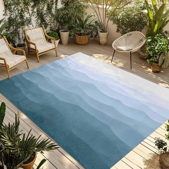 Blue Coastal Wave Outdoor Rug for Patio/Deck/Porch, Non-Slip Large Area Rug 4 x 6 Ft, Summer Ocean Nautical Beach Ombre Indoor Outdoor Rugs Washable Area Rugs, Reversible Camping Rug Carpet Runner