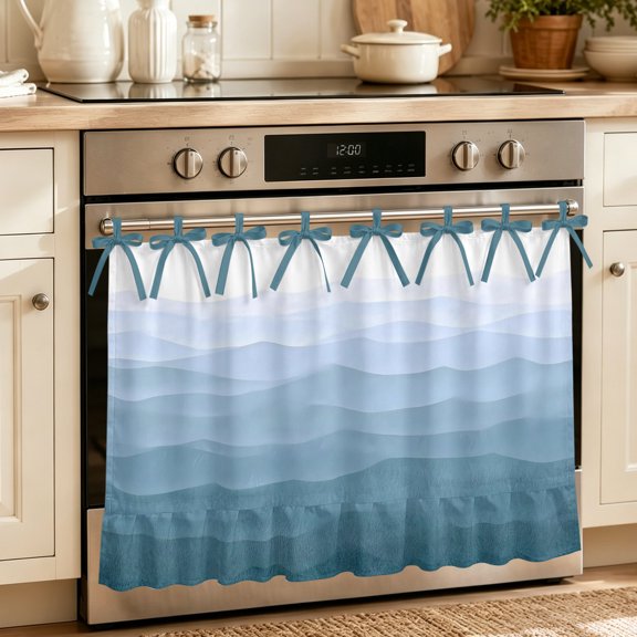 Blue Coastal Wave Oven Curtain with Tie Top,Oven Skirt Curtain for Kitchen,Summer Ocean Nautical Beach Ombre Under OvenCover Panel for Dust & Grease Protection,Apartment RV Cabinet Curtains 27''x20''