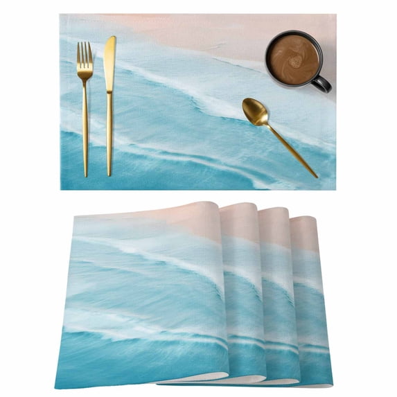 Blue Coastal Wave Placemats Set of 6, Summer Modern Ocean Beach Placemats for Dining Table, Place Mats for Kitchen Tabletop, Waterproof Wipeable Dining Table Mats Set