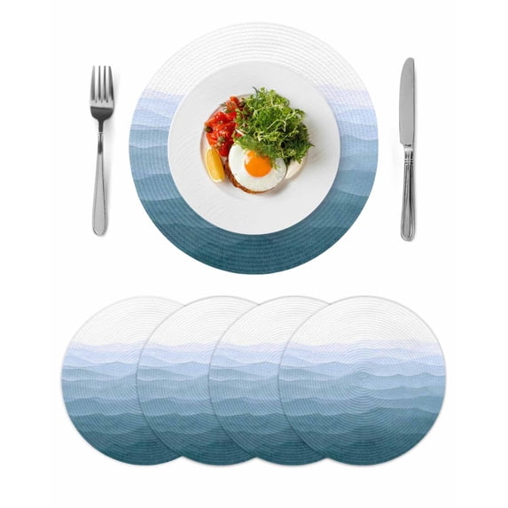 Blue Coastal Wave Round 13 Inch Placemats Set of 4, Summer Ocean Nautical Beach Ombre HeatResistant Non Slip Place Mats for Dining Table, Wipeable Braided Kitchen Table Mats for Housewarming