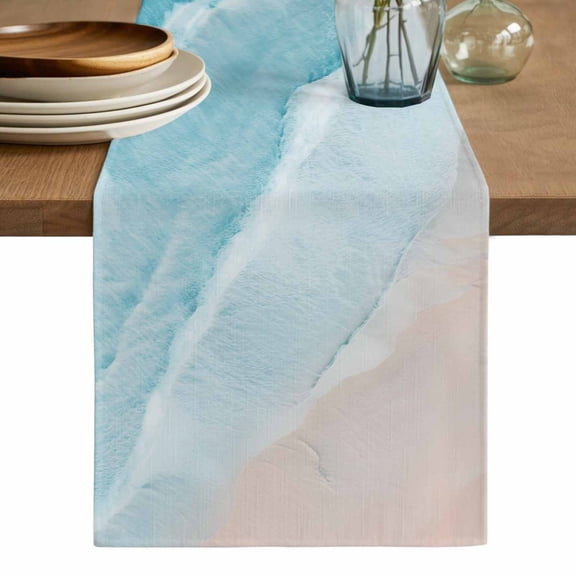 Blue Coastal Wave Table Runner, Summer Modern Ocean Beach Washable Cotton Linen Table Runners 36 Inches Long, Dresser Scarf Runner for Nightstand/End Tables/Round Tables 13''x36''