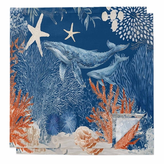 Blue Coastal Whale Cloth Napkins, Farmhouse Nautical Starfish Coral Leaf Washable and Reusable Dinner Napkins Set of 2, Table Napkin for Kitchen Party Birthday Wedding Hotel Housewarming 20"x20"
