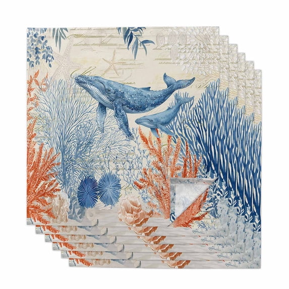 Blue Coastal Whale Cloth Napkins, Rustic Nautical Coral Starfish Leaves Washable and Reusable Dinner Napkins Set of 6, Table Napkin for Kitchen Party Birthday Wedding Hotel Housewarming 20"x20"
