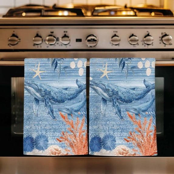 Blue Coastal Whale Kitchen Towels Set of 1, Retro Nautical Marine Life Leaves Absorbent Dish Towels for Kitchen, Microfiber Hand Towel, Quick Drying Tea Towel for Cleaning Decorative Dishcloths