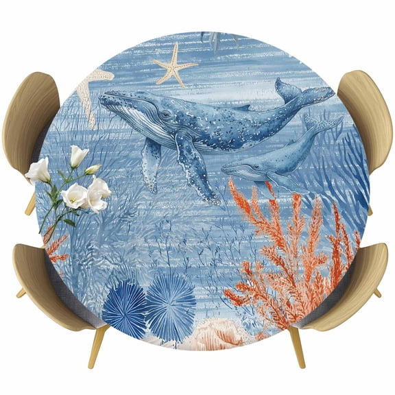 Blue Coastal Whale Round Tablecloth 36-44 Inch Round Fitted Table Cloth with Elastic Edge, Retro Nautical Marine Life Leaves Waterproof Table Cover Protector for Outdoor Picnic Party Dining