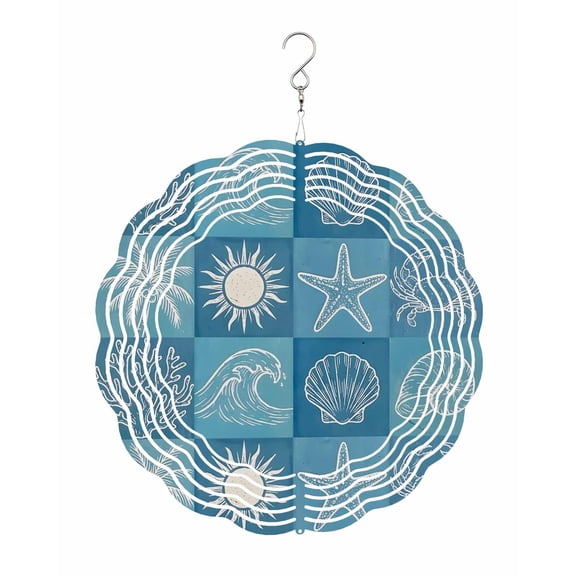 Blue Coastal Wind Spinner for Garden Yard 8In, Summer Ocean Waves Shell Crab Coconut Tree 3D Stainless Steel Kinetic Hanging Wind Spinners Rustproof Outdoor Decor for Lawn Patio Home