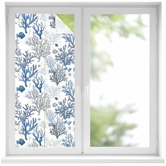 Blue Coastal Window Privacy Film, Summer Nautical Ocean Beach Coral Fish Static Cling UV Sun Blocking Heat Control Window Tint Day and Night, Non-Adhesive One Way Windows Privacy Cover 17.7''x39.3''