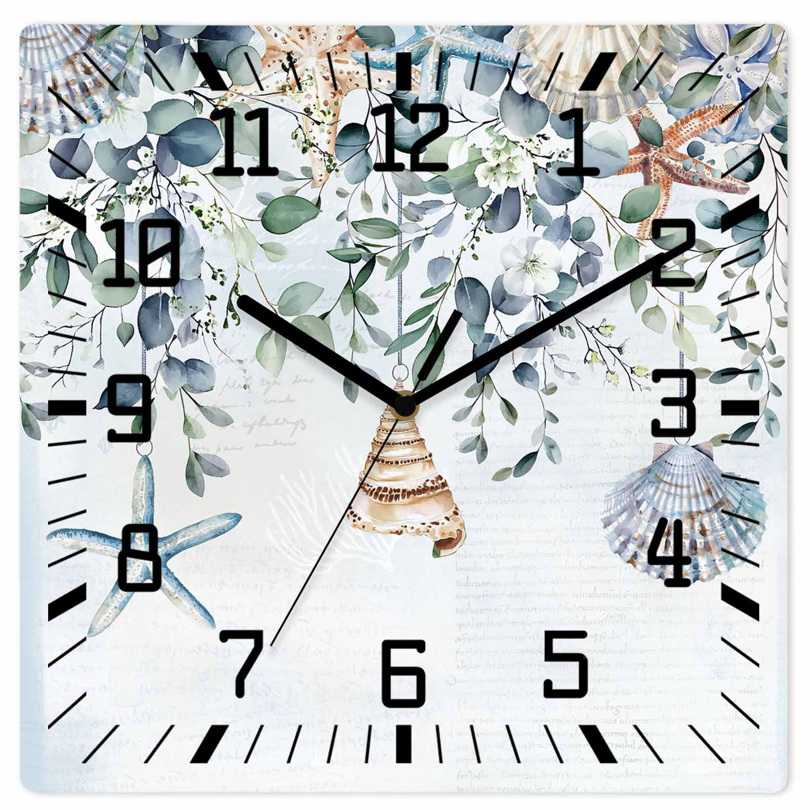Blue Coastal Wooden Wall Clock Silent Non Ticking, Eucalyptus Leaves ...