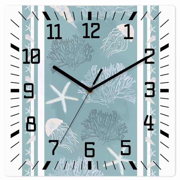 Blue Coastal Wooden Wall Clock Silent Non Ticking, Nautical Beach Summer Sea Starfish Coral Square Wall Clocks Battery Operated, Decor Clock for Home Office, Living Room, Kitchen, 12 Inch