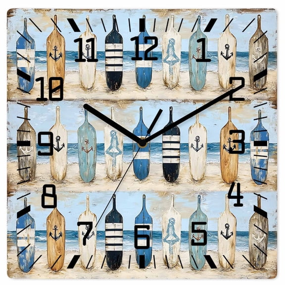 Blue Coastal Wooden Wall Clock Silent Non Ticking, Ocean Nautical Anchor Wood Barn Beach Square Wall Clocks Battery Operated, Decor Clock for Home Office, Living Room, Kitchen, 10 Inch