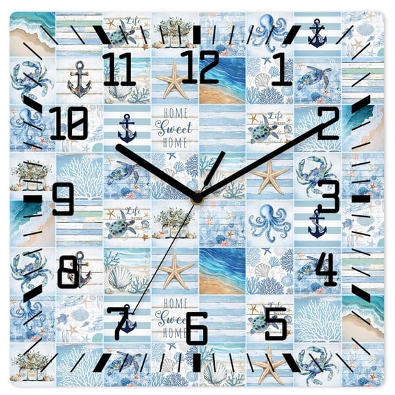 Blue Coastal Wooden Wall Clock Silent Non Ticking, Turtle Nautical Anchor Octopus Starfish Coral Square Wall Clocks Battery Operated, Decor Clock for Home Office, Living Room, Kitchen, 10 Inch