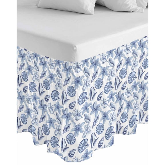 Blue Coastal Wrap Around Bed Skirts for California King Bed 18" Drop, Bed Skirt with Adjustable Elastic Belt Dust Ruffle Bed Valance for Bedroom Hotel Luxury Shell Floral Ocean Retro Bed Frame Cover