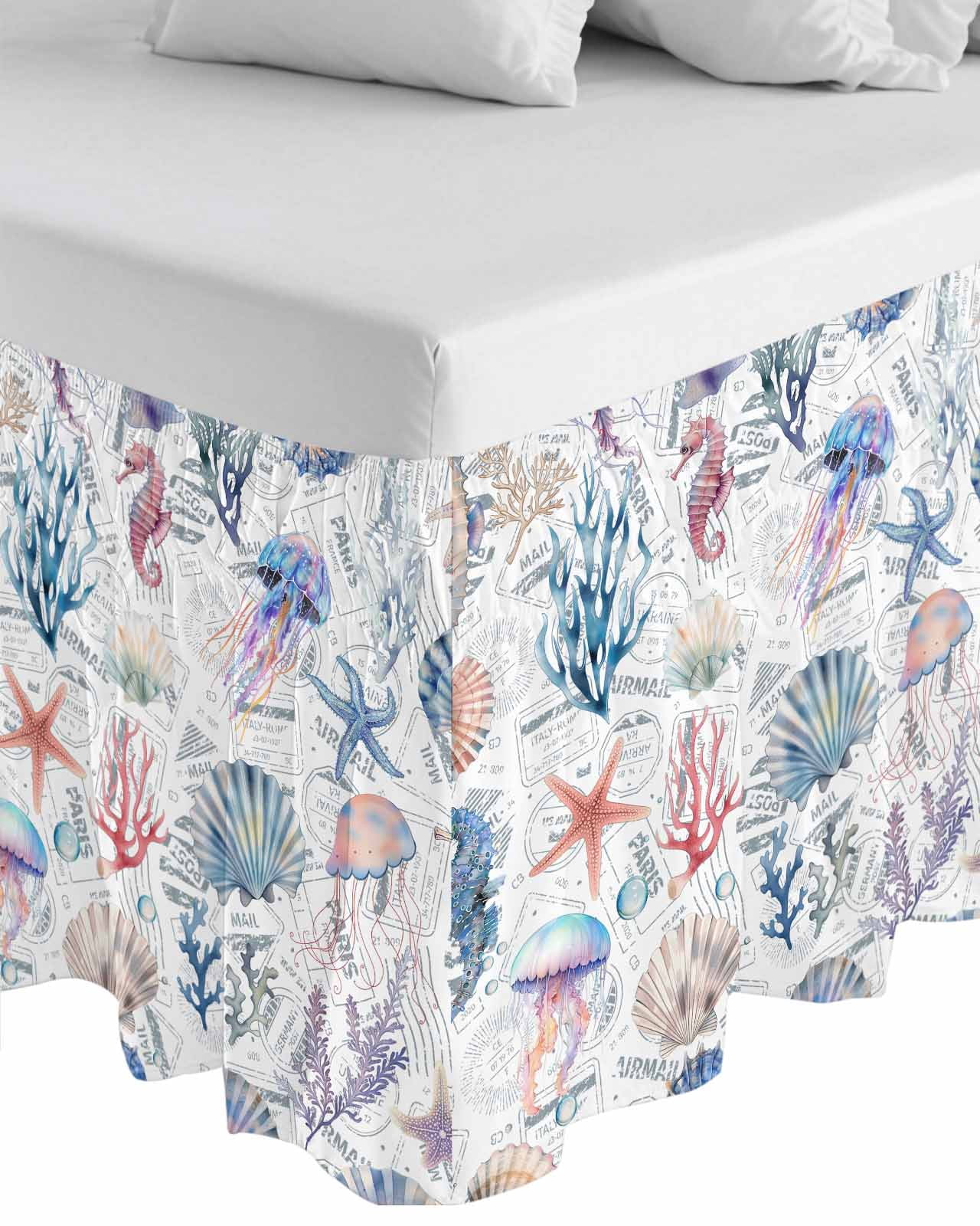 Blue Coastal Wrap Around Bed Skirts for California King Bed 18" Drop,Bed Skirt with Adjustable Elastic Belt Dust Ruffle Bed Valance for Bedroom Summer Coral Shell Sea Beach Nautical Bed Frame Cover