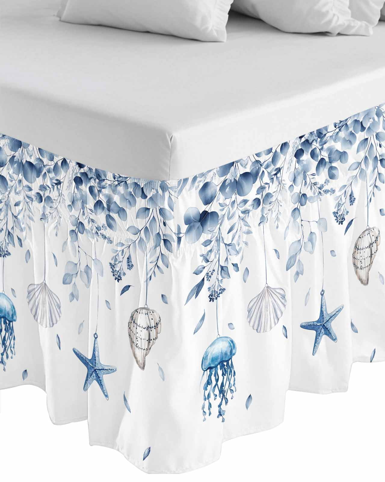 Blue Coastal Wrap Around Bed Skirts for King Bed 18" Drop,Bed Skirt with Adjustable Elastic Belt Dust Ruffle Bed Valance Summer Eucalyptus Leaves Beach Ocean Starfish Nautical Bed Frame Cover