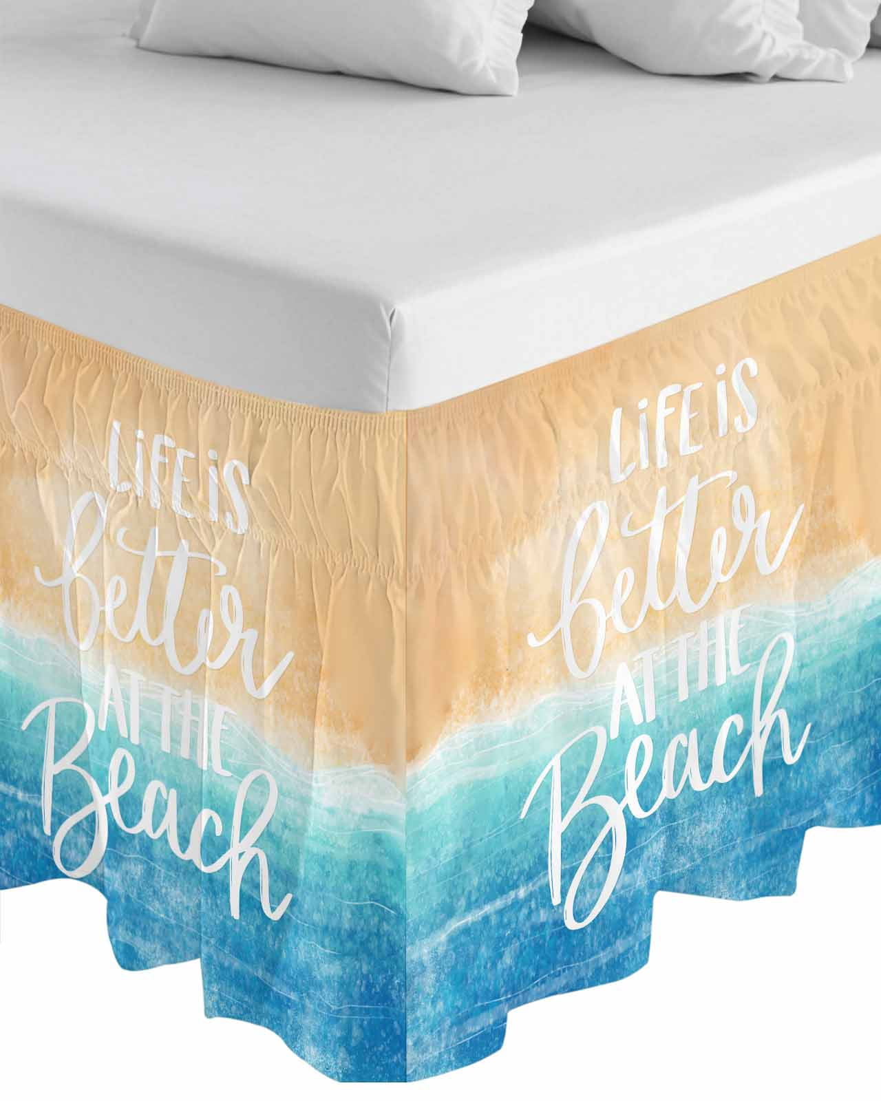 Blue Coastal Wrap Around Bed Skirts for Queen Bed 16" Drop, Bed Skirt with Adjustable Elastic Belt Dust Ruffle Bed Valance for Bedroom Hotel Luxury Life Is Better At The Beach Beach Bed Frame Cover
