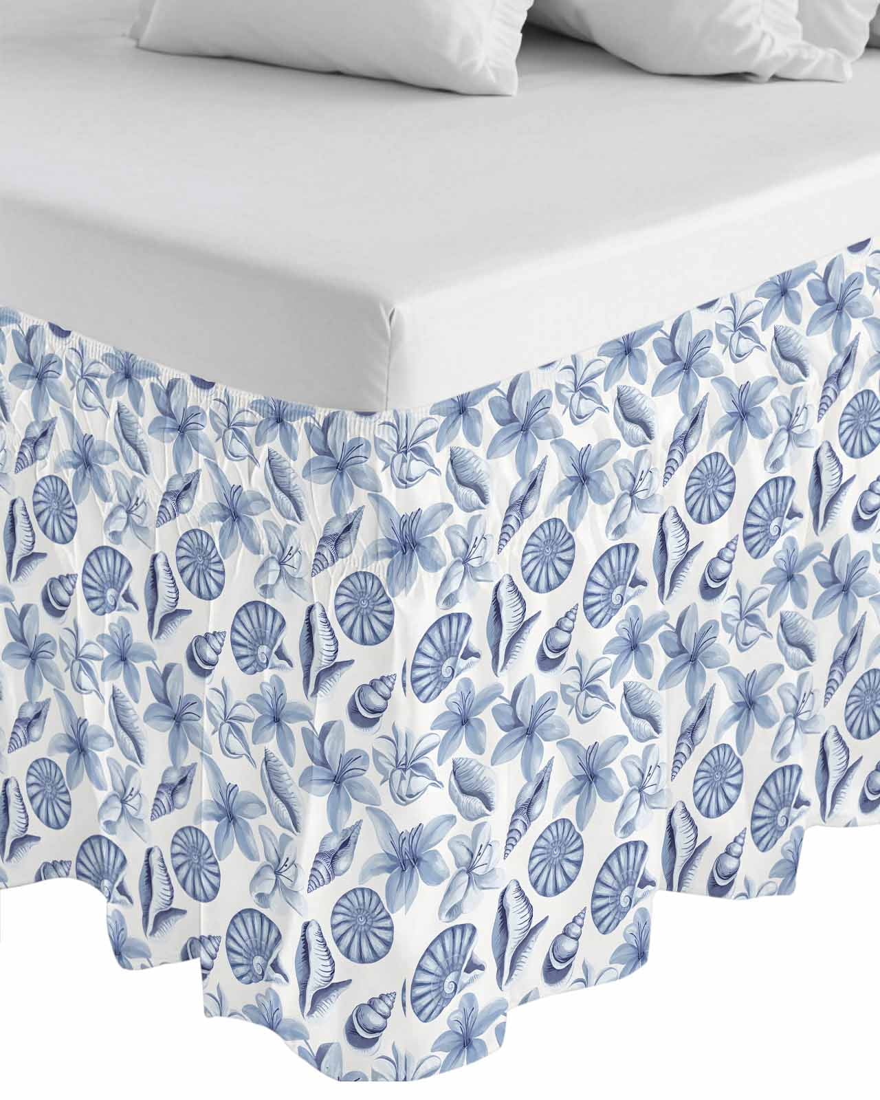 Blue Coastal Wrap Around Bed Skirts for Queen Bed 16" Drop, Bed Skirt with Adjustable Elastic Belt Dust Ruffle Bed Valance for Bedroom Hotel Luxury Shell Floral Ocean Retro Bed Frame Cover