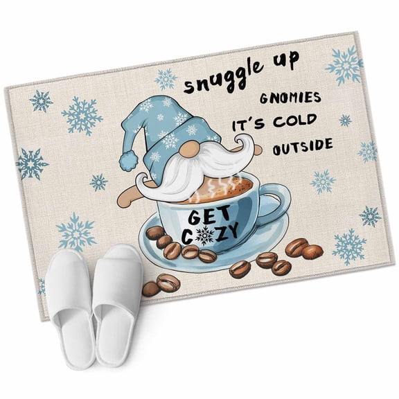 Blue Coffee Gnomes Washable Area Rug 2 x 3 ft Winter Get Cozy Snowflakes Retro Linen, Soft Non Slip Rugs Stain Repellent Indoor Felt Carpet for Living Dining Room Bedroom Home Office