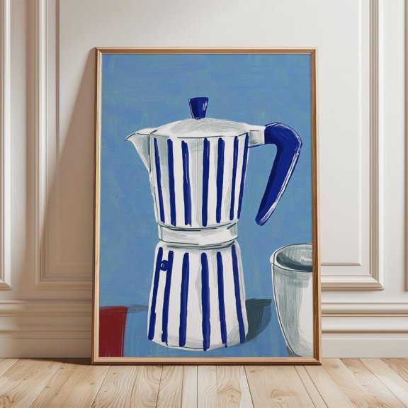 Blue Coffee Maker Modern Moka Pot Poster UNFRAMED PAPER POSTER, Home Decor