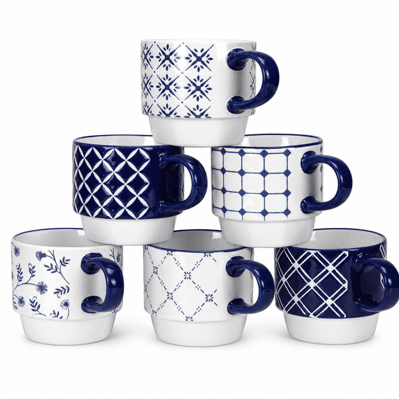 Blue Coffee Mugs 12 OZ Stackable Ceramic Geometric Pattern Tea Water Cup
