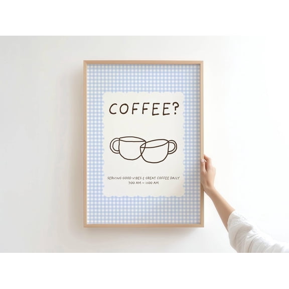 Blue Coffee Wall Art Retro Cafe Kitchen Gingham Coffee Illustration Unframed Paper Print