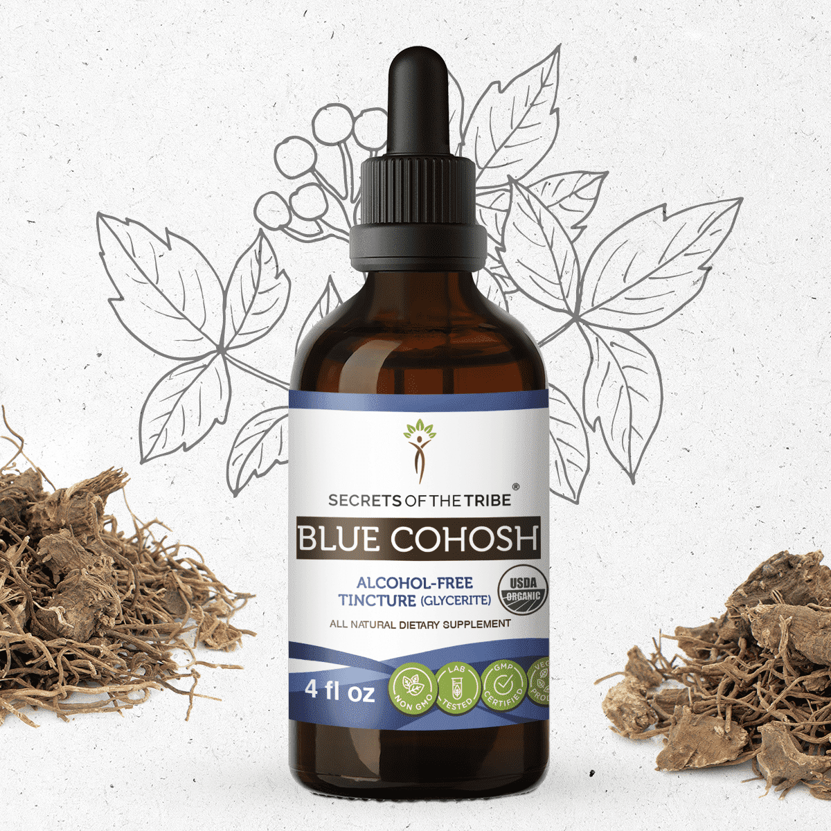 Secrets Of The Tribe Blue Cohosh Organic Dietary Supplement, Natural Herbal Tincture for Women’s Support, Certified Organic Blue Cohosh (Caulophyllum thalictroides) Dried Root, Alcohol-Free, 4 oz