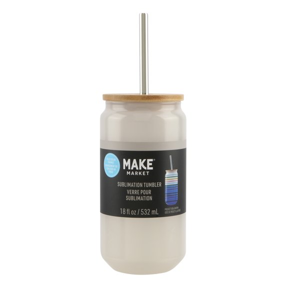 Blue Cold Color Change Sublimation Tumbler by Make Market – 18oz Glass with Bamboo Lid & Metal Straw - Customizable Drinkware for Sublimation - Hand Wash Only - 12 Pack