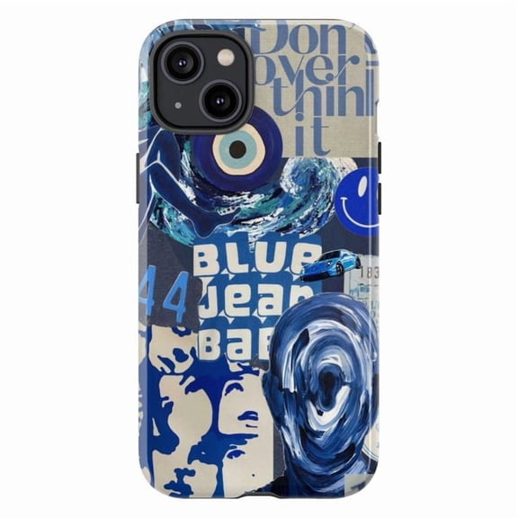 Blue Collage Art Phone Case, Abstract Graphic Design Protective Cover for iPhone 16 15 14 13 12 11 Pro Max Plus Mini