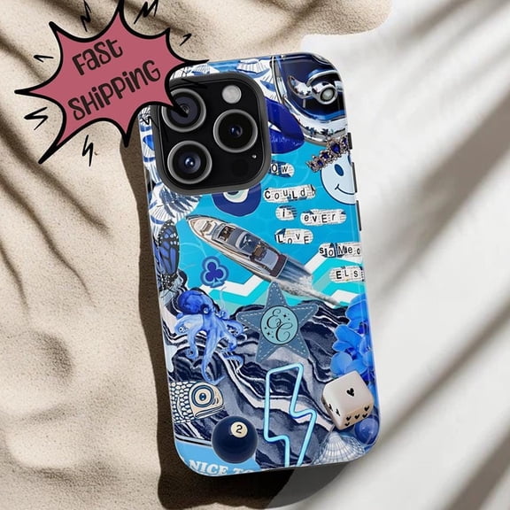 Blue Collage Yacht Butterfly Smiley Case iPhone 17 through 11 Pro Max