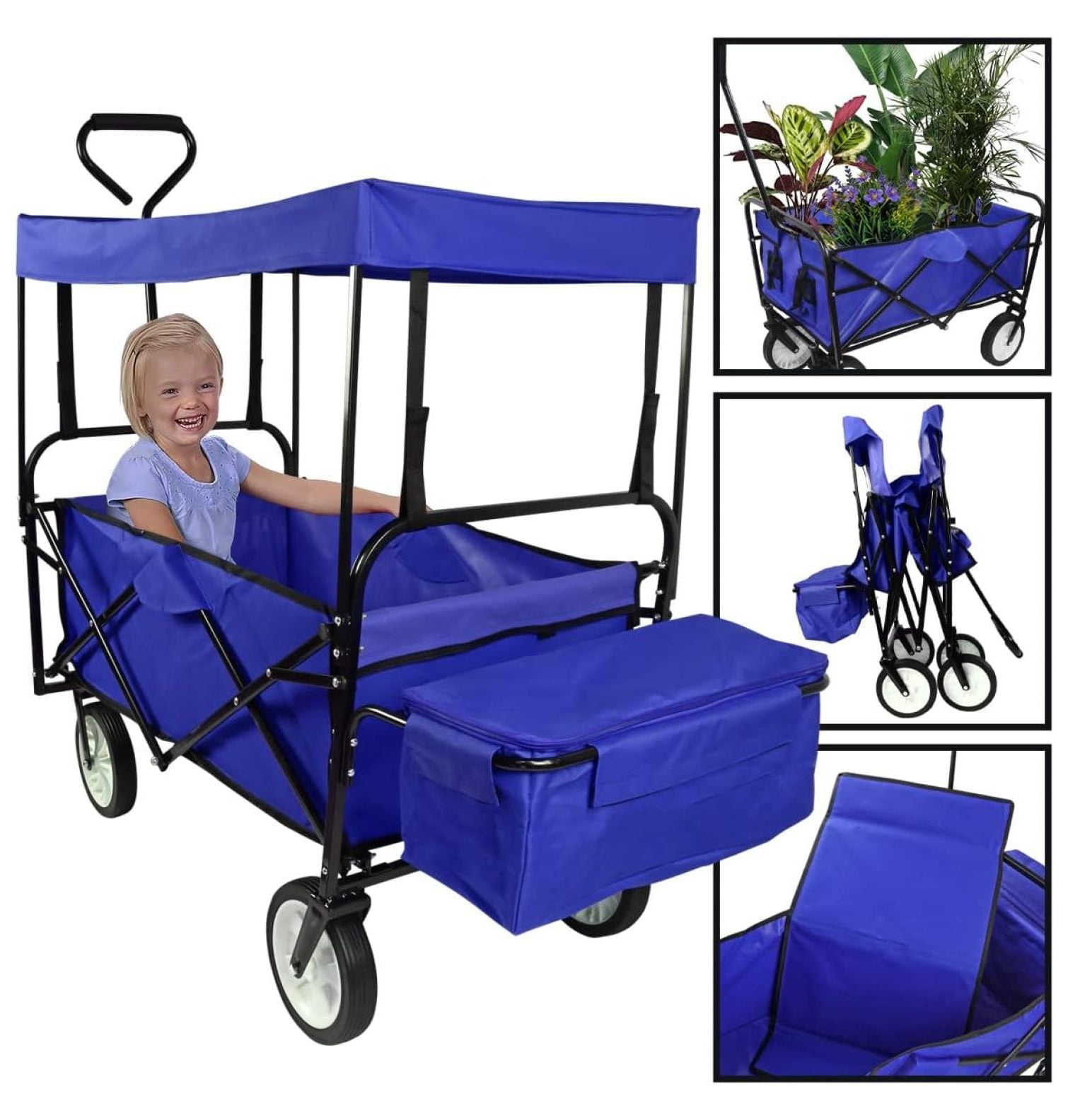 HONGDINGF Blue Collapsible Wagon Folding Cart with Canopy Beach Garden