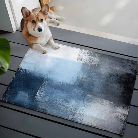 Blue Color Block 2x3 Area Rugs for Living Room, Abstract Shabby Modern Art Non Slip Floor Mat Washable Low-Profile Indoor Carpet for Bedroom, Dining Room, Bathroom