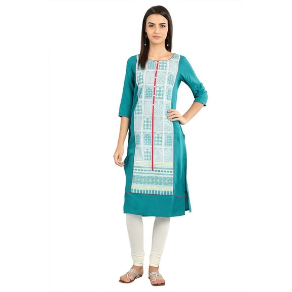 Blue Color Block Boat Neck Kurta-Medium