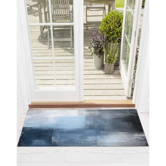 Blue Color Block Front Door Mat Abstract Shabby Modern Art Welcome Doormat Indoor Outdoor Entrance Floor Mat Non-Slip Washable Runner Rug for Front Porch Decor 16x47 Inch