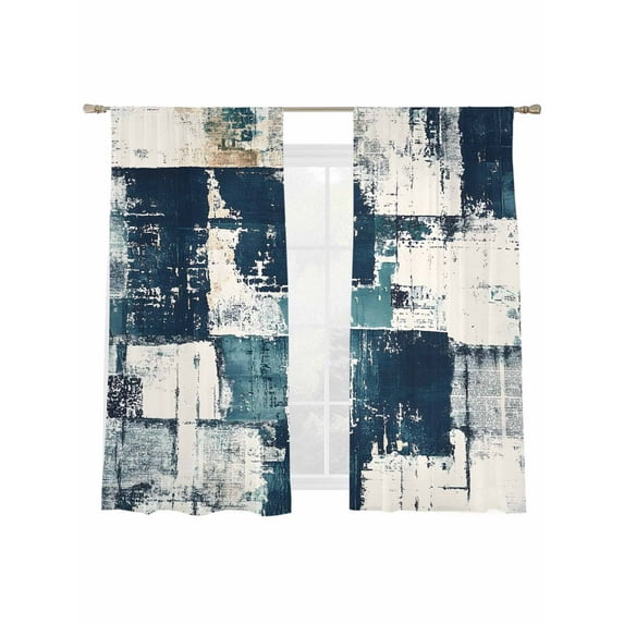 Blue Color Block Sheer Curtains for Living Room Bedroom, Light-filtering Sheer Curtain, Abstract Art Vintage Gradient Navy Rod Pocket Voile Window Treatment Drapes, 52’’Wx63’’L, 2 Panels Set