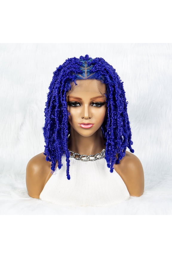Blue Color Braided Wigs for Black Women Double Full Lace Knotless Box Short Bob Dreadlock Braided Wigs Synthetic Lace Front Braided Wigs with Baby Hair Handmade Braided Wigs 14 inches