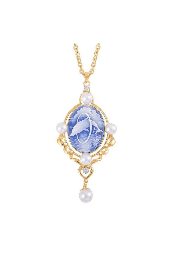 Blue Color Cameo White Crystal  Goldtone Carved Necklace for Women Jewelry for Women Size 20.5-22.5" Ct 4.92 Birthday Christmas Gifts